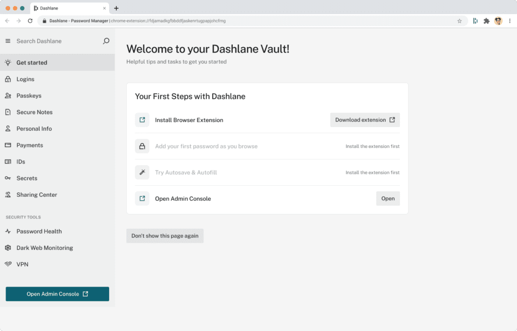 La configuración Comenzar en la caja fuerte de Dashlane, que muestra los primeros pasos que puede dar un administrador con Dashlane.