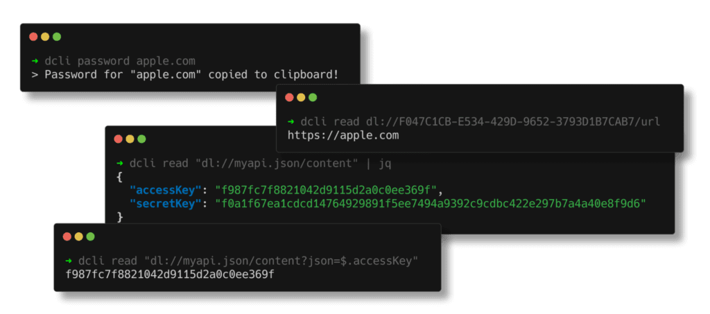 A black screen with examples of Dashlane’s CLI commands and output in gray, white, blue, and green.