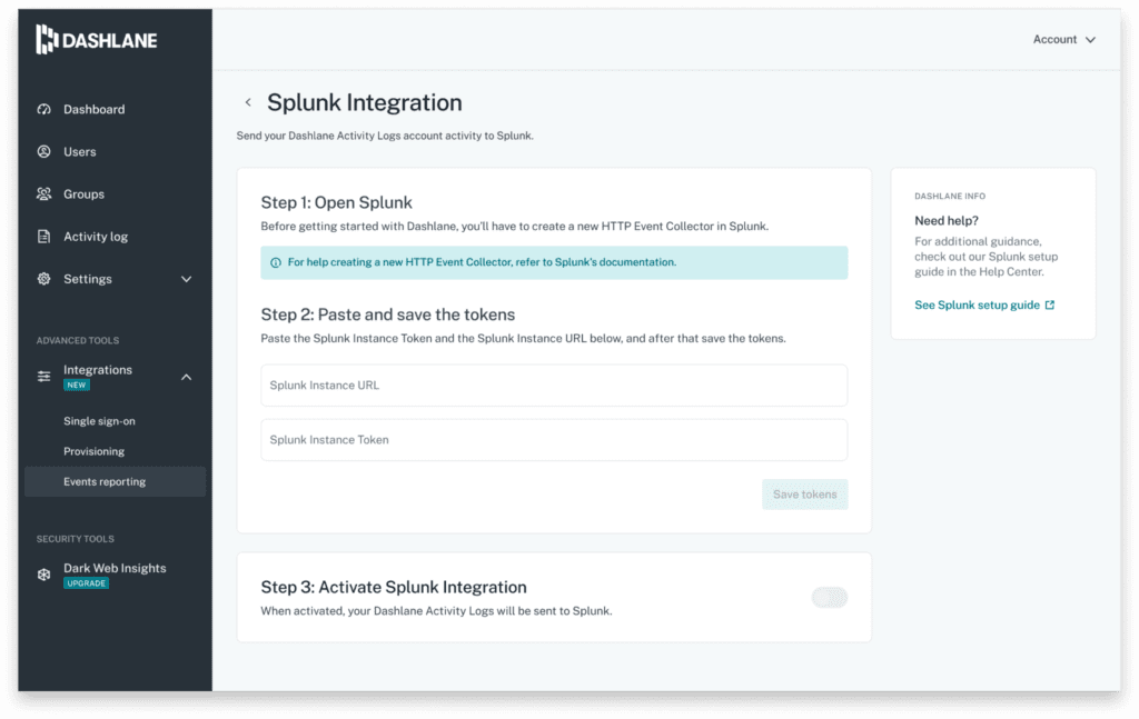 Screenshot of Dashlane’s Admin Console showing the Splunk integration setup process.