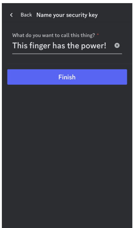Screenshot of the Discord “Name your security key” page on mobile.