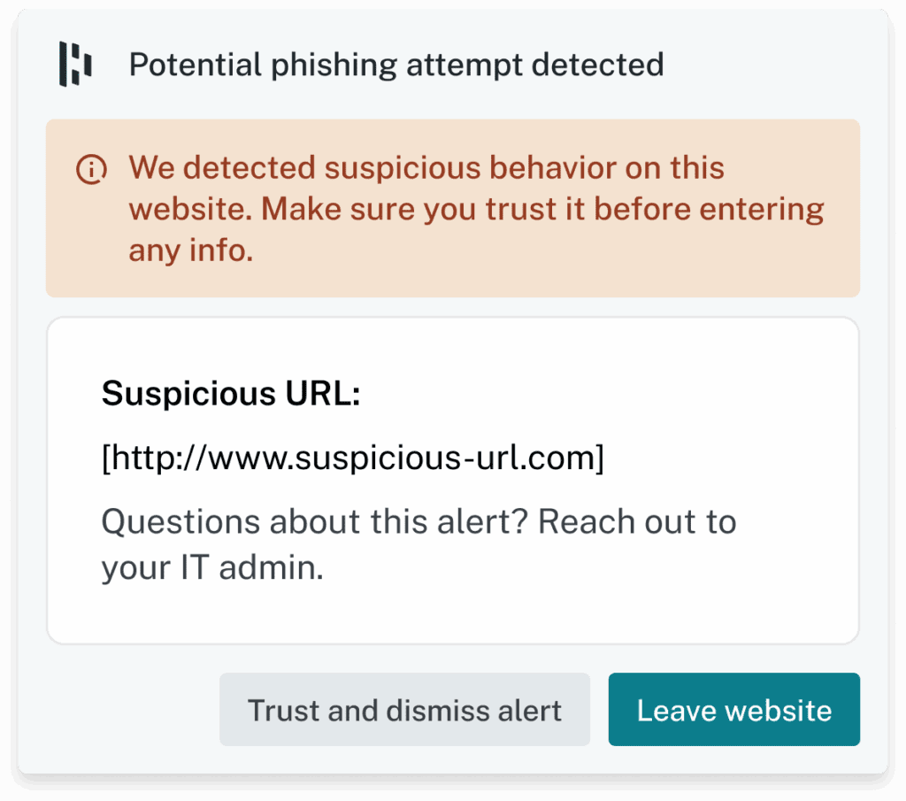 An example of a Dashlane phishing alert pop-up labeled “Potential phishing attempt detected” shows the suspicious URL that Dashlane detected and gives the user the option of selecting a button that says “Trust and dismiss alert” or a button that says “Leave website.”