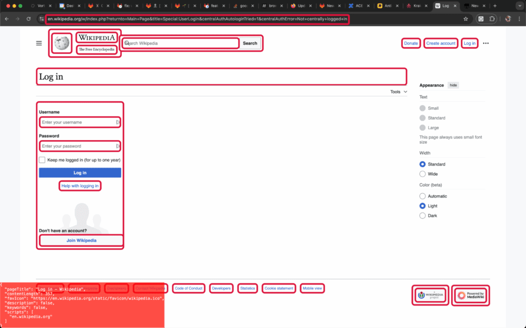 A screenshot of the Wikipedia login page has red boxes around the many parts of the page that indicate to Dashlane if a site is malicious or not. Some of the parts include the Wikipedia logo, the username and password fields in the login form, and all the links in the footer.