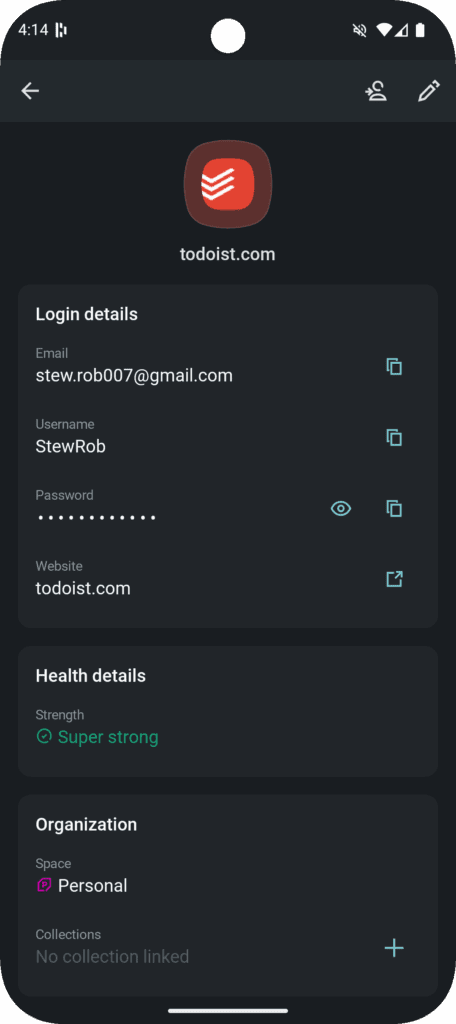 A screenshot of the Dashlane mobile app shows a saved todoist.com credential, including the user’s email, username, and password, as well as the website, password strength, and Space where the credential is saved.