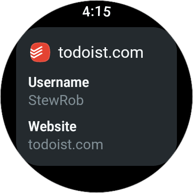 A screenshot of the Dashlane Wear app shows a saved todoist.com credential, including the user’s username and the website.