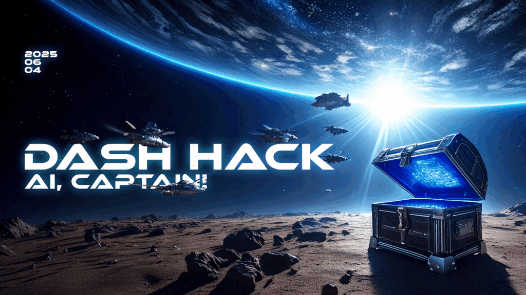 The poster for Dashlane’s 2025 hackathon shows a futuristic galaxy image with “Dash Hack” layered on top and “AI, Captain!” below it, referring to the year’s theme. The date of June 4th, 2025 appears at the top.