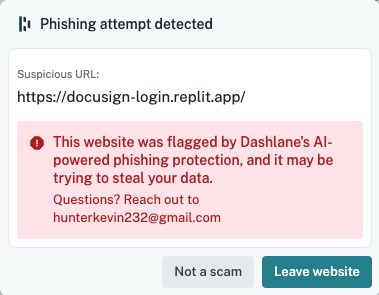 A screenshot of an AI phishing alert from Dashlane says "phishing attempt detected," lists the suspicious URL, and has two buttons at the bottom: 1) Not a scame and 2) Leave website.