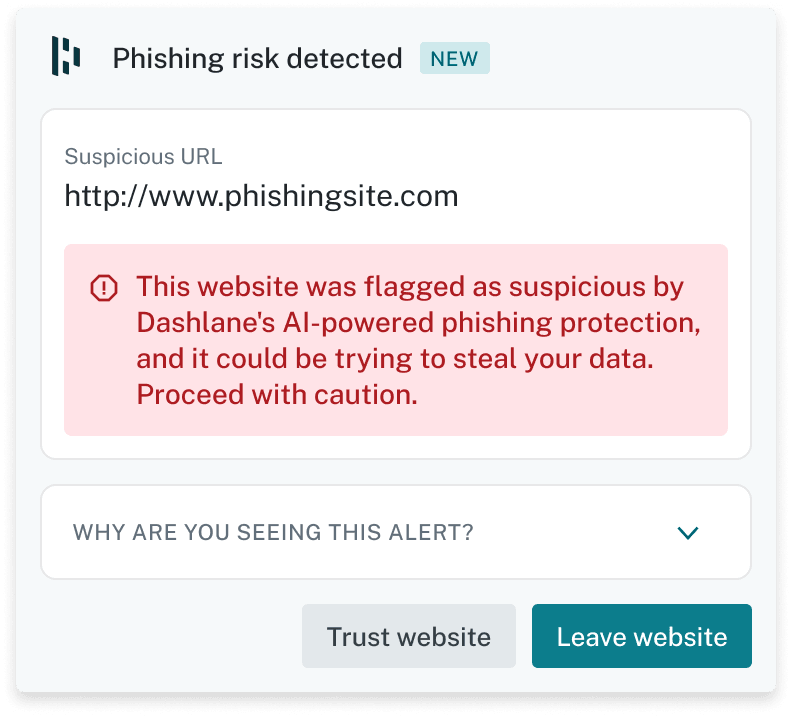 A screenshot of a Dashlane AI phishing alert says "Phishing risk detected" at the top, lists the suspicious URL, recommends the user proceed with caution, and has a "Trust website" and "Leave website" button at the bottom.