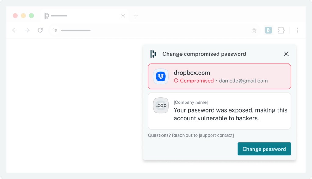 A browser pop-up from Dashlane labeled "Change compromised password" shows a Dropbox account marked "Compromised" in red, along with a warning message: "Your password was exposed, making this account vulnerable to hackers." A "Change password" button appears at the bottom right.