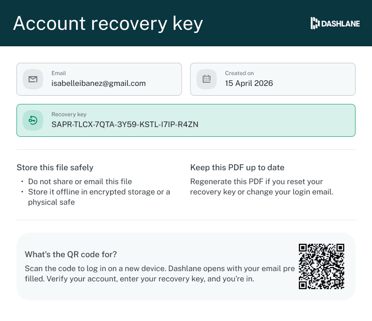 A Dashlane account recovery key PDF created on 15 April 2026 shows a recovery key and tips for storing the file safely and keeping it up to date, along with a QR code that can be scanned to log in on a new device.