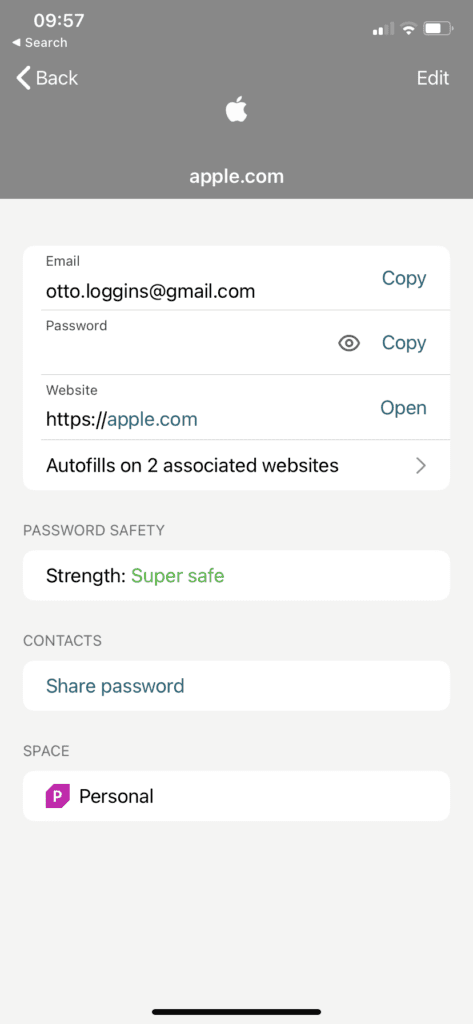 Second screenshot showing how to see associated credentials in the Dashlane app.