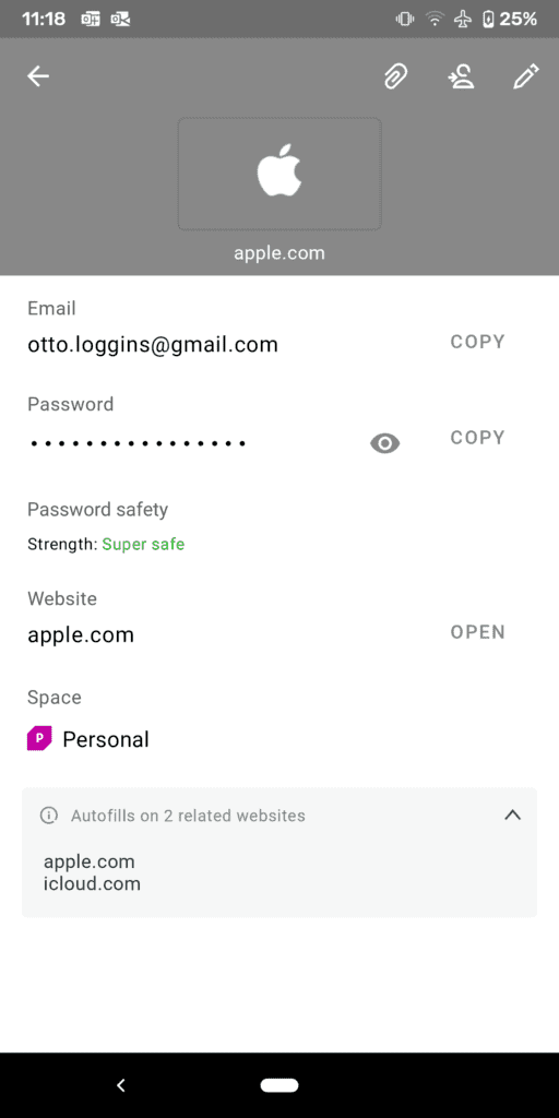 Third screenshot showing how to see associated credentials in the Dashlane app.
