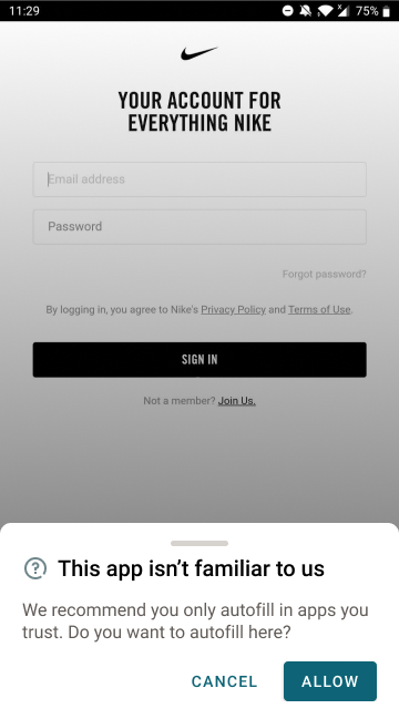 Screenshot of Dashlane notification on iphone prompting user to reconsider autofilling on the site that isn't recognized by the Dashlane app for cybersecurity purposes. 