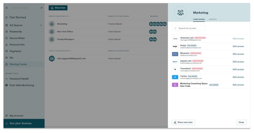 Dashlane's sharing center, available in the web app