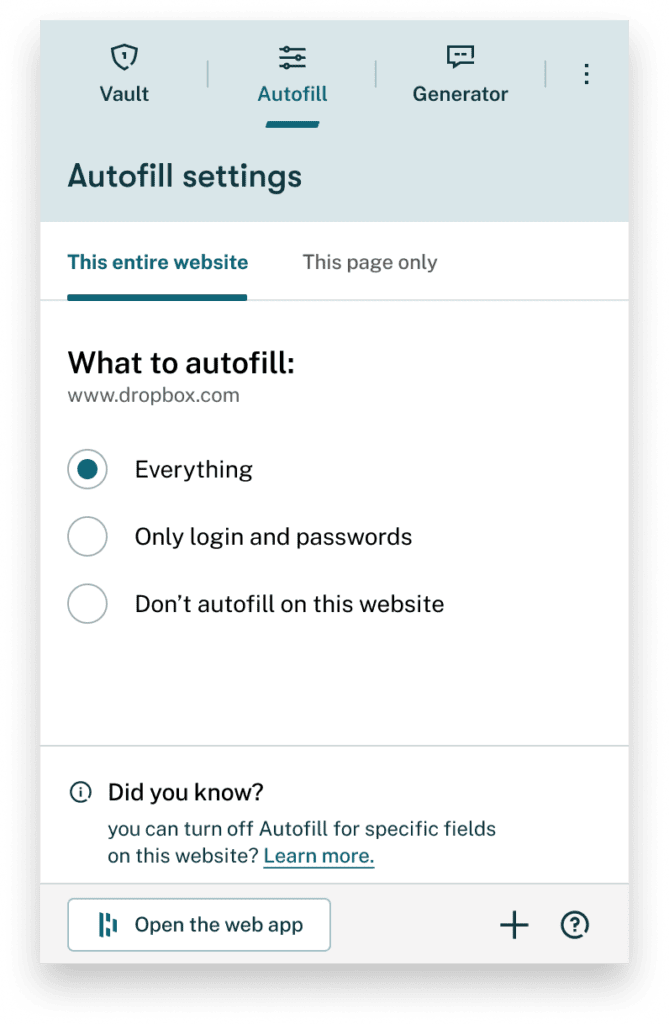 Screenshot of Dashlane's autofill settings in the extension where you can set what to autofill (everything, only logins and passwords, or don't autofill on this website). 