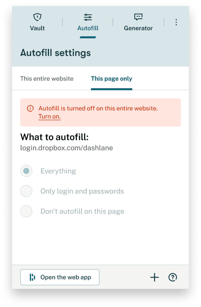 Screenshot of Dashlane's autofill settings in the extension where you can turn autofill off for certain sites. 