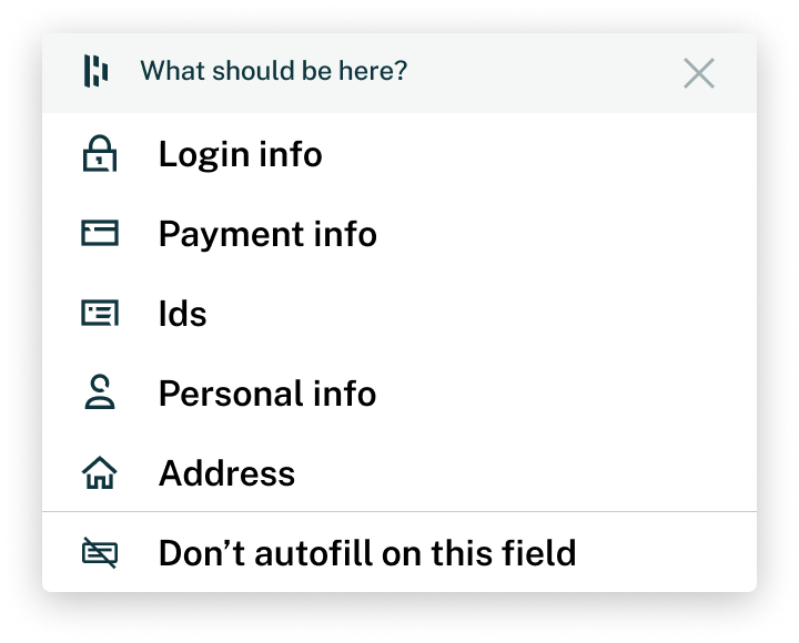 Screenshot of Dashlane's autofill suggestion popup asking what should be here (Login info, payment info, Ids, personal info, address, or don't autofill here). 