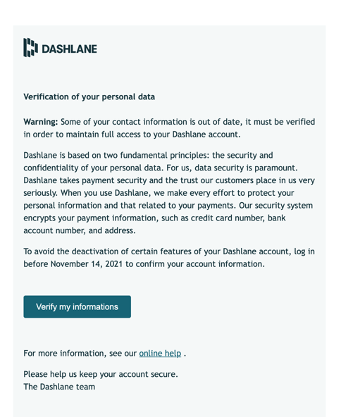 Screenshot einer fingierten E-Mail, angeblich von Dashlane, in der Benutzer aufgefordert wurden, „ihre Informationen zu verifizieren“.