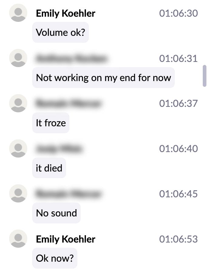 chat history showing zoom participants having trouble hearing in-person participants. 