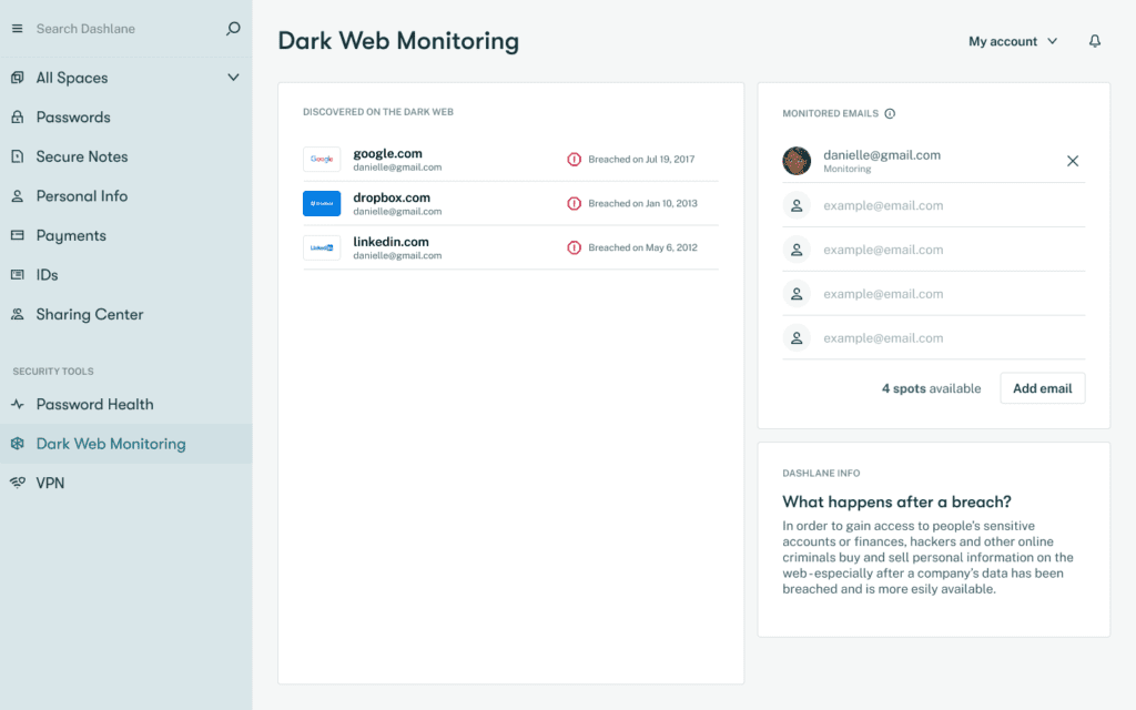 A screenshot of the Dark Web Monitoring feature in the Dashlane web app.