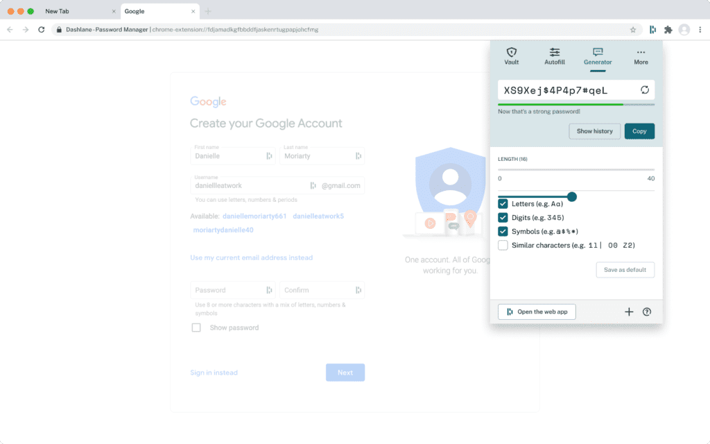 A screenshot of the password generator in the Dashlane web extension.