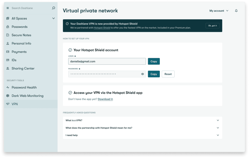A screenshot of the VPN settings on the Dashlane web app. 