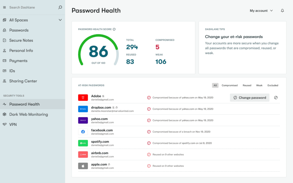 A screenshot of the Password Health tool in the Dashlane web app.
