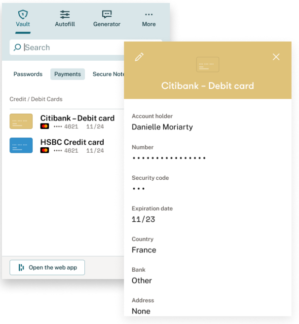 Screenshot of the Dashlane extension pop-up. On the left, there is credit and debit card information saved in the Payments section. On the right, the details for the Citibank - Debit card are displayed.