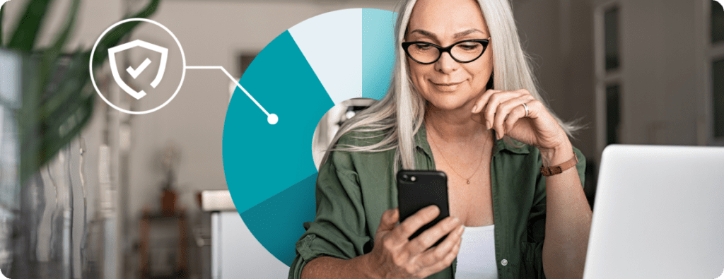 woman looking at smartphone with pie chart behind her