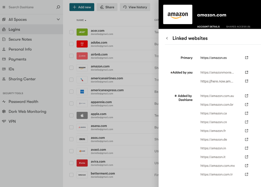Screenshot of the Passwords section of the Dashlane Password Manager. The primary website listed is https://amazon.es, and there are several other websites linked to it, including https://amazonmovie.com. This demonstrates that the user has linked these websites in Dashlane, meaning the websites use the same logins.