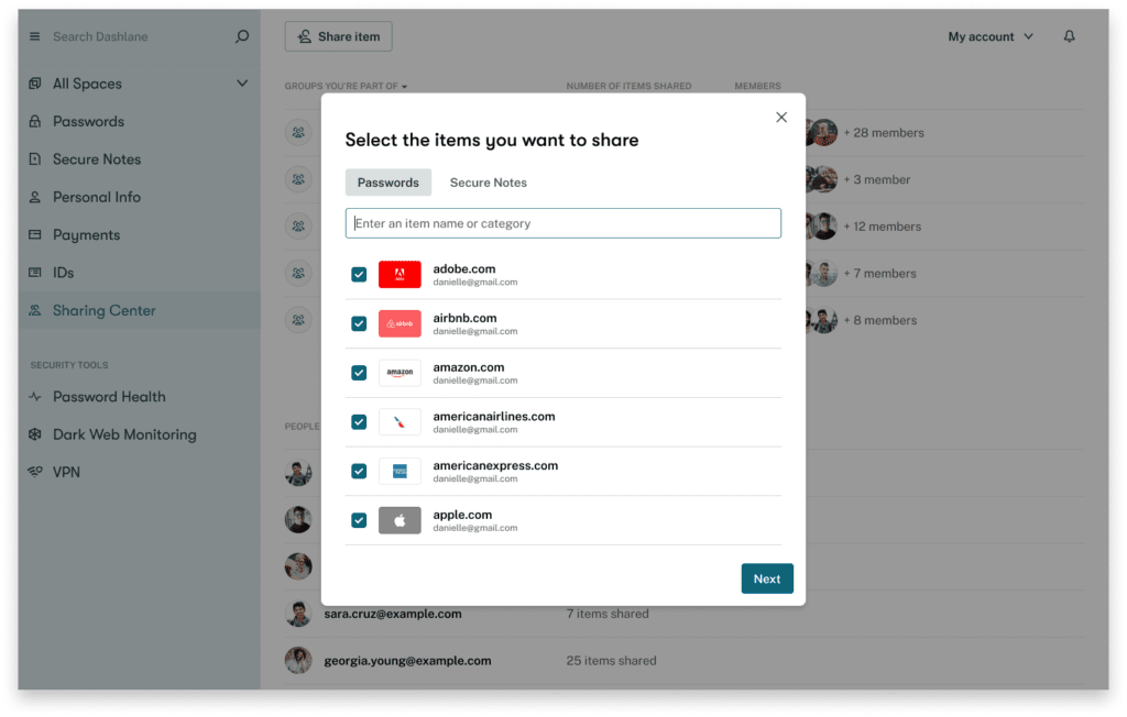 A screenshot of Dashlane’s secure sharing portal in the web extension.