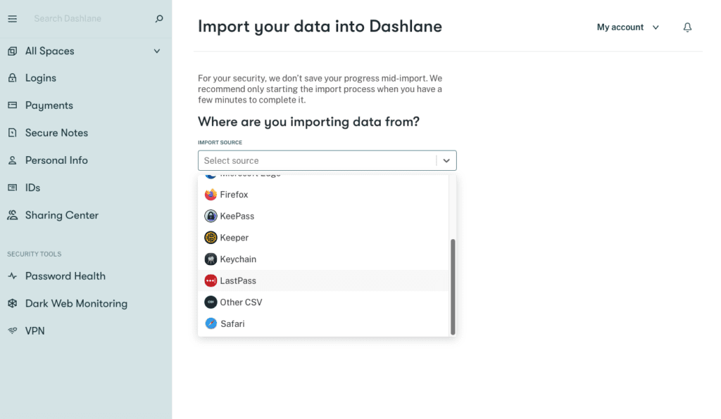 Screenshot of the Dashlane password manager interface that says “Import your data into Dashlane.” Under “Where are you importing data from?” there is a drop-down menu with a list of password managers and internet browsers to choose from.
