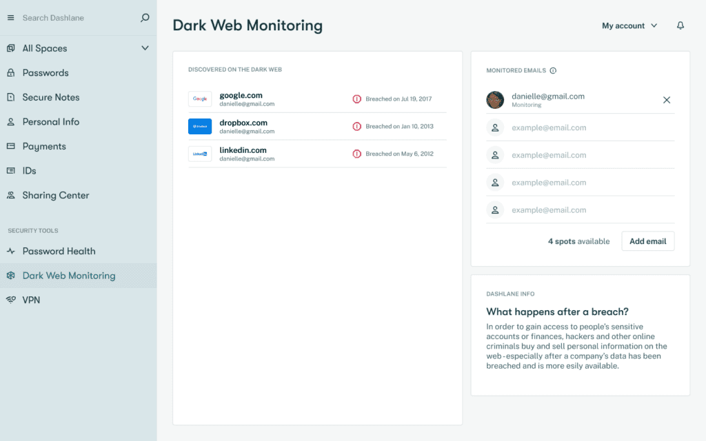 Une capture d'écran de la fonctionnalité Surveillance du dark Web dans l'application Web de Dashlane.