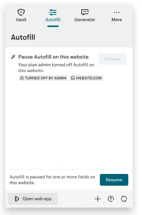 A screenshot of the Autofill tab in the Dashlane extension showing the option to pause Autofill on this website. The “Resume” button is unselectable, and below it, there’s a lock icon with text that says “Turned off by Admin,” as well as a place to show the website address.