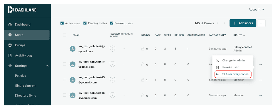 A screenshot of the Dashlane Admin Console showing a list with “2FA recovery codes” circled in red.