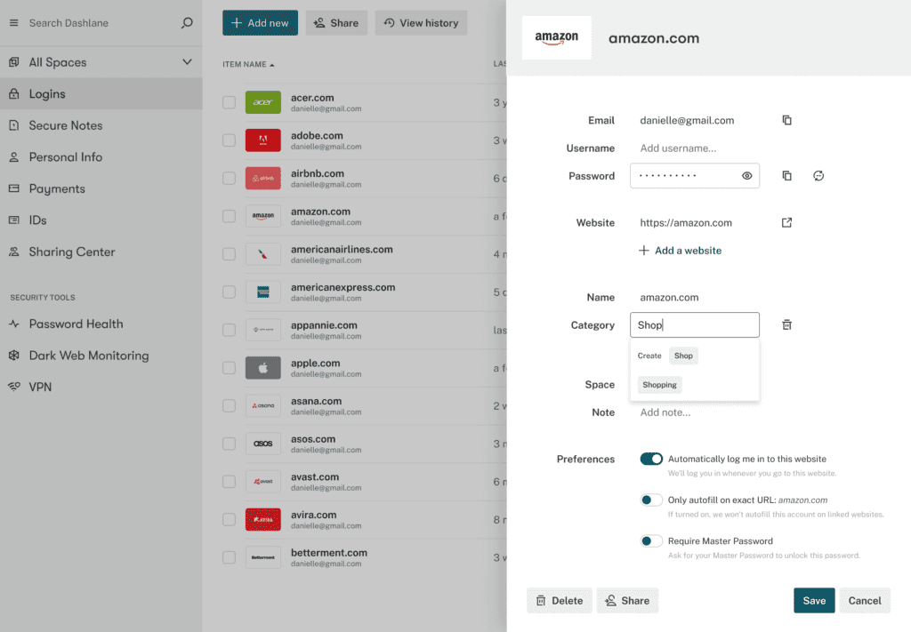 A screenshot of a Dashlane vault. The entry for “Amazon” is selected, showing the saved credentials for Amazon.com. The cursor is in the field for “Category” and the word “Shop” has been typed, which has triggered a list with the “Shopping” category populated.