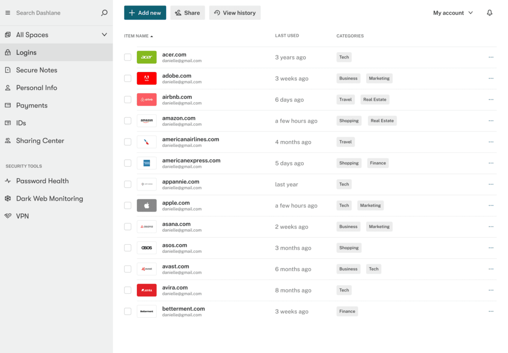 A screenshot of the Dashlane vault. A variety of example website logins are listed alongside custom categories. These categories include “Tech,” “Business,” “Marketing,” “Travel,” “Shopping,” and “Finance.” Some logins have more than one of these categories attached to them.