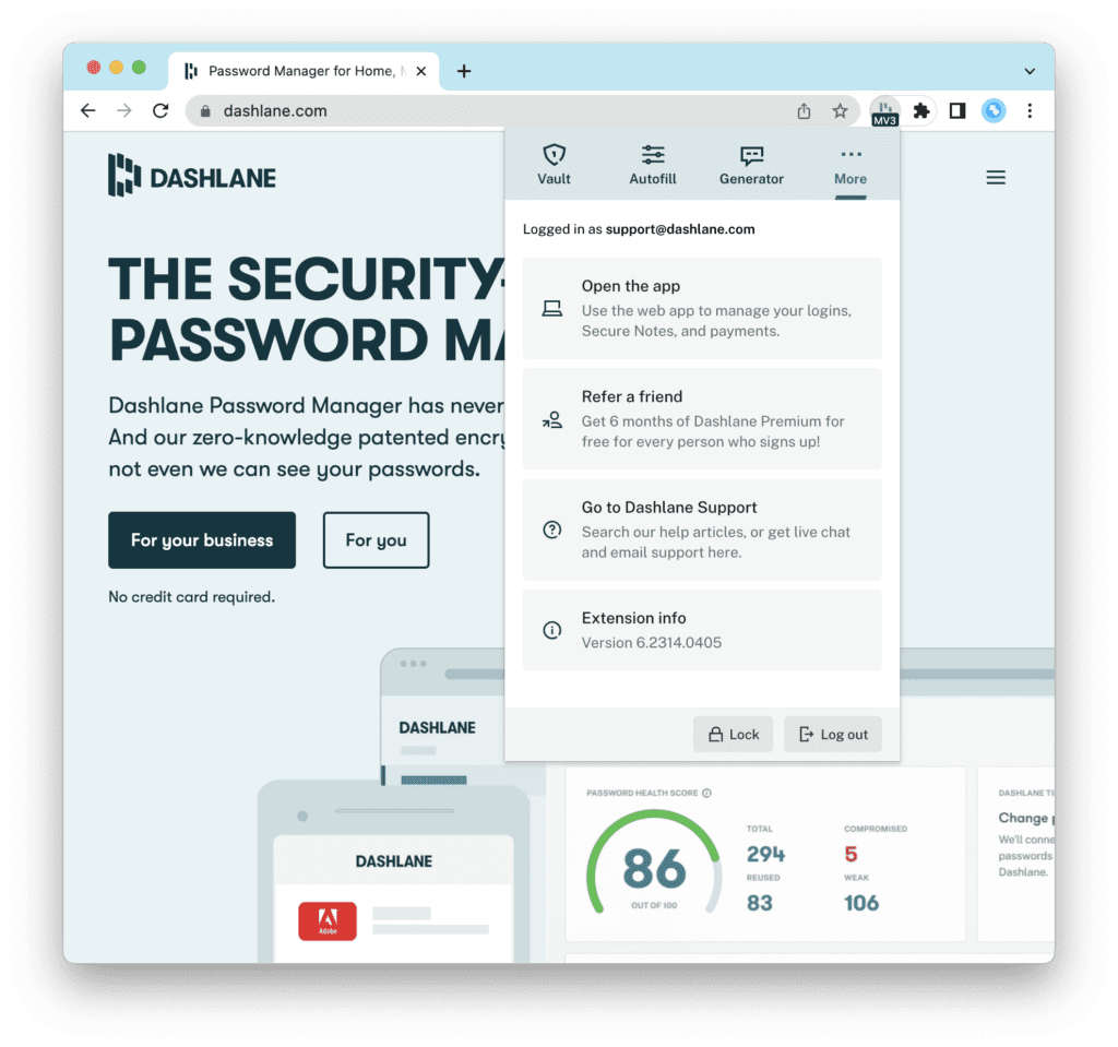 An empty browser window with the Dashlane MV3 extension logo shows a recent build.