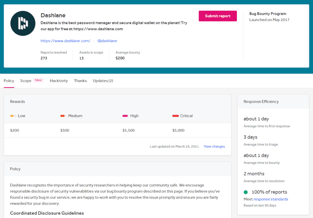 A screenshot of Dashlane’s page on the HackerOne platform.