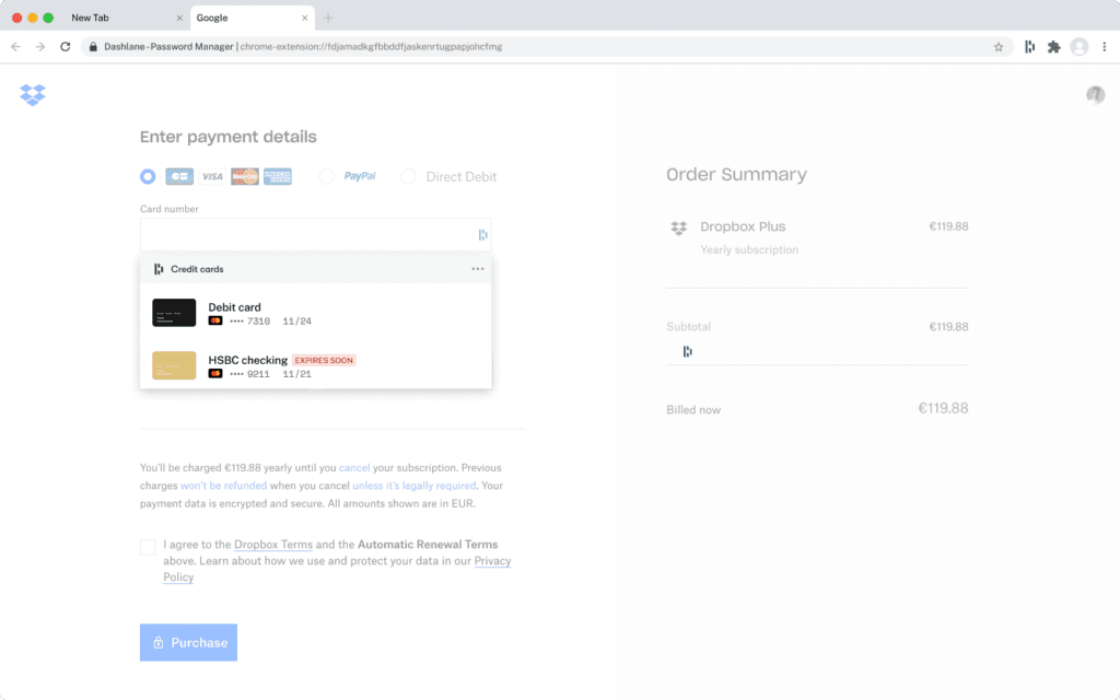 A screenshot of Dashlane’s autofill payment information experience using data from the digital wallet feature.