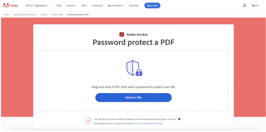 A screenshot of the Adobe online tool to password protect a PDF. A user can drag and drop a PDF file in the box or select the blue button to upload a file.