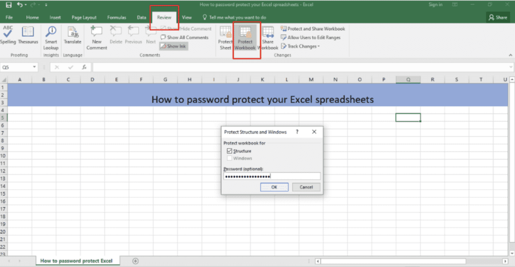 A screenshot of a Microsoft Excel workbook on the Review tab, with Protect Workbook selected and the Protect Structure and Windows pop-up open.