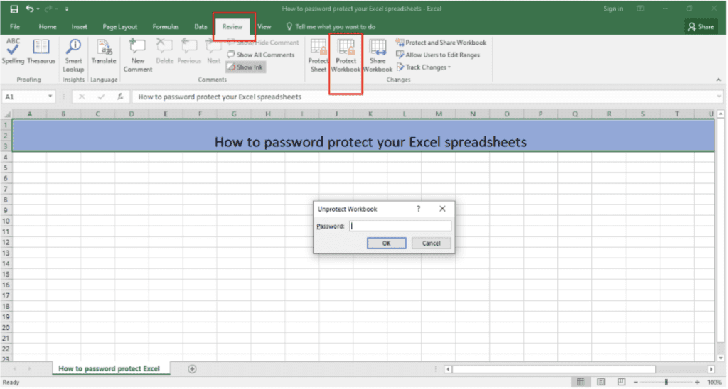 A screenshot of a Microsoft Excel workbook on the Review tab, with the Protect Workbook button selected and the Unprotect Workbook pop-up open.