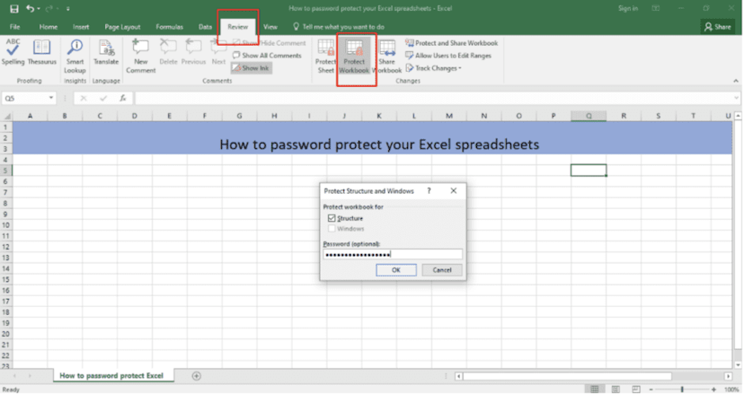 A screenshot of a Microsoft Excel workbook on the Review tab, with the Protect Workbook button selected and the Protect Structure and Windows pop-up open.