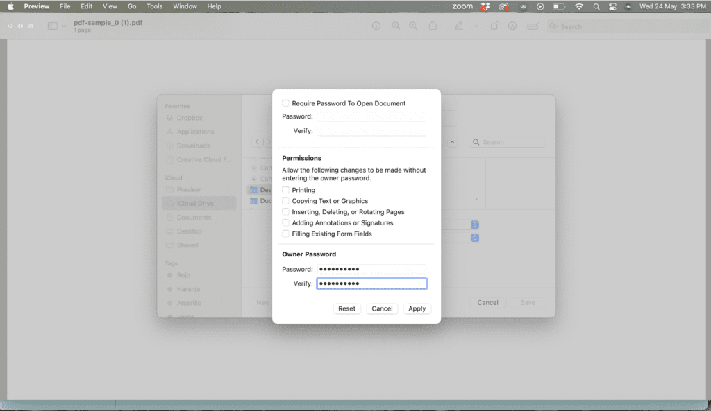 A screenshot of the Mac Preview app with the Permissions pop-up box open and the Owner Password fields filled in.