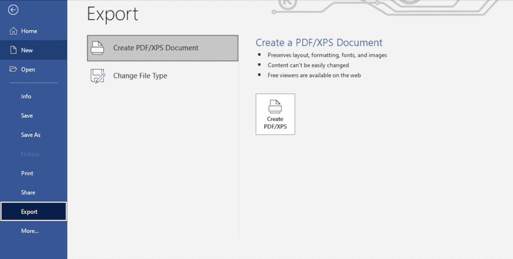 A screenshot of a Microsoft Word document on the Export tab, with the Create PDF/XPS Document button selected.