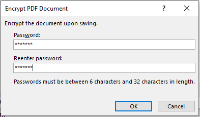 A pop-up box in Microsoft Word titled Encrypt PDF Document with the password fields filled in.