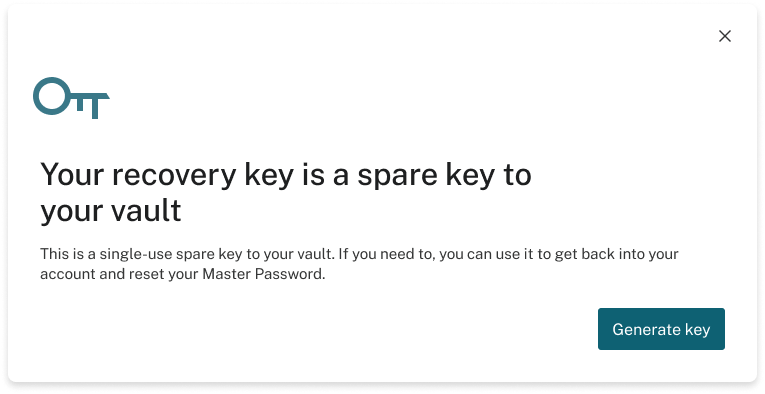 Screenshot eines Dialogfensters für einen Wiederherstellungsschlüssel. Der Text lautet: „Ihr Wiederherstellungsschlüssel ist ein Ersatzschlüssel für Ihren Tresor. Dies ist ein Ersatzschlüssel zur einmaligen Verwendung für Ihren Tresor. Falls nötig, kommen Sie damit wieder in Ihr Konto und können Ihr Master-Passwort zurücksetzen.“ Es gibt auch eine Schaltfläche mit dem Text „Schlüssel generieren“.