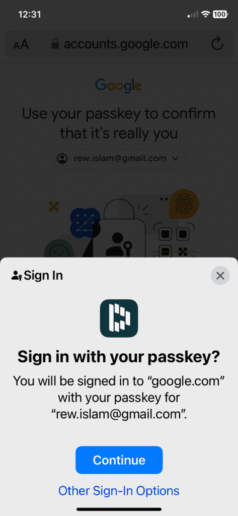 Screenshot eines Google-Kontenbildschirms auf einem Mobilgerät. Es erscheint ein Pop-up-Fenster, in dem Nutzer gefragt werden, ob sie sich mit ihrem Passkey anmelden möchten.