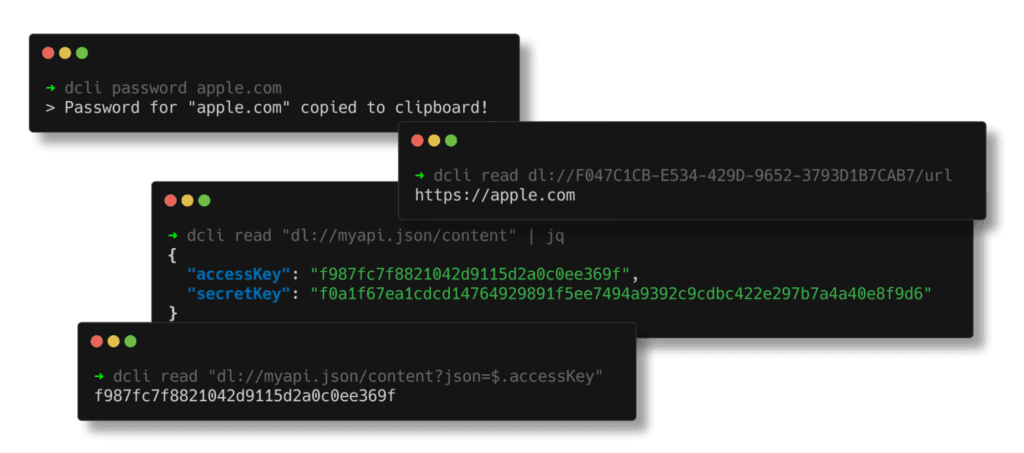 Examples of Dashlane CLI commands and output.