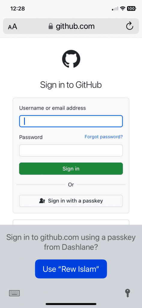 A screenshot of the GitHub sign-in screen on mobile. There is an option to “Sign in with a passkey.”